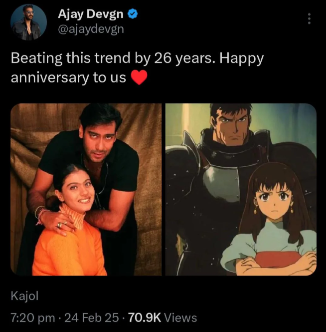 Ajay Devgn shares anniversary wish for Kajol with a fun meme twist!