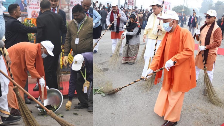 CM Yogi Adityanath leads cleanliness drive at Arail Ghat in Prayagraj!