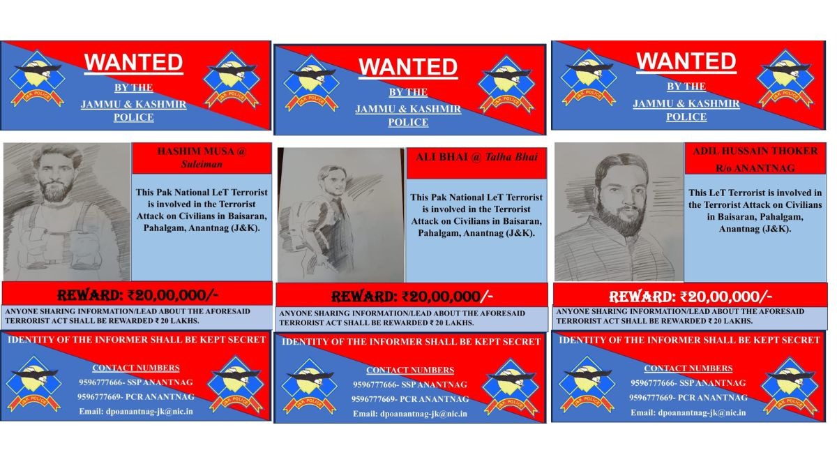 Sketches of Pahalgam Attackers Released, Rs 20 Lakh Reward on Each