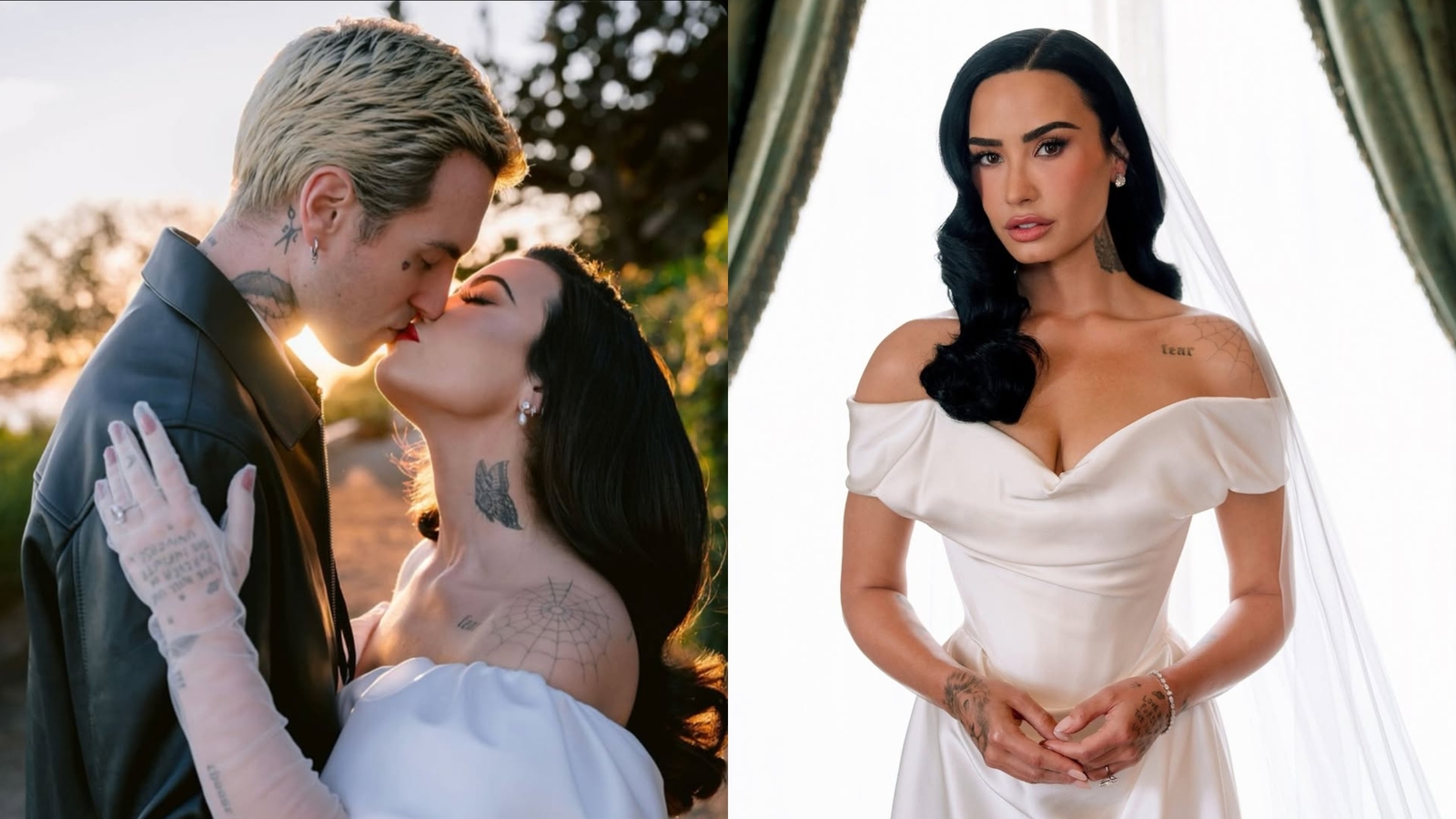 Vivienne Westwood. Cathedral veil. Broken pearls. Demi’s bridal look is unreal!